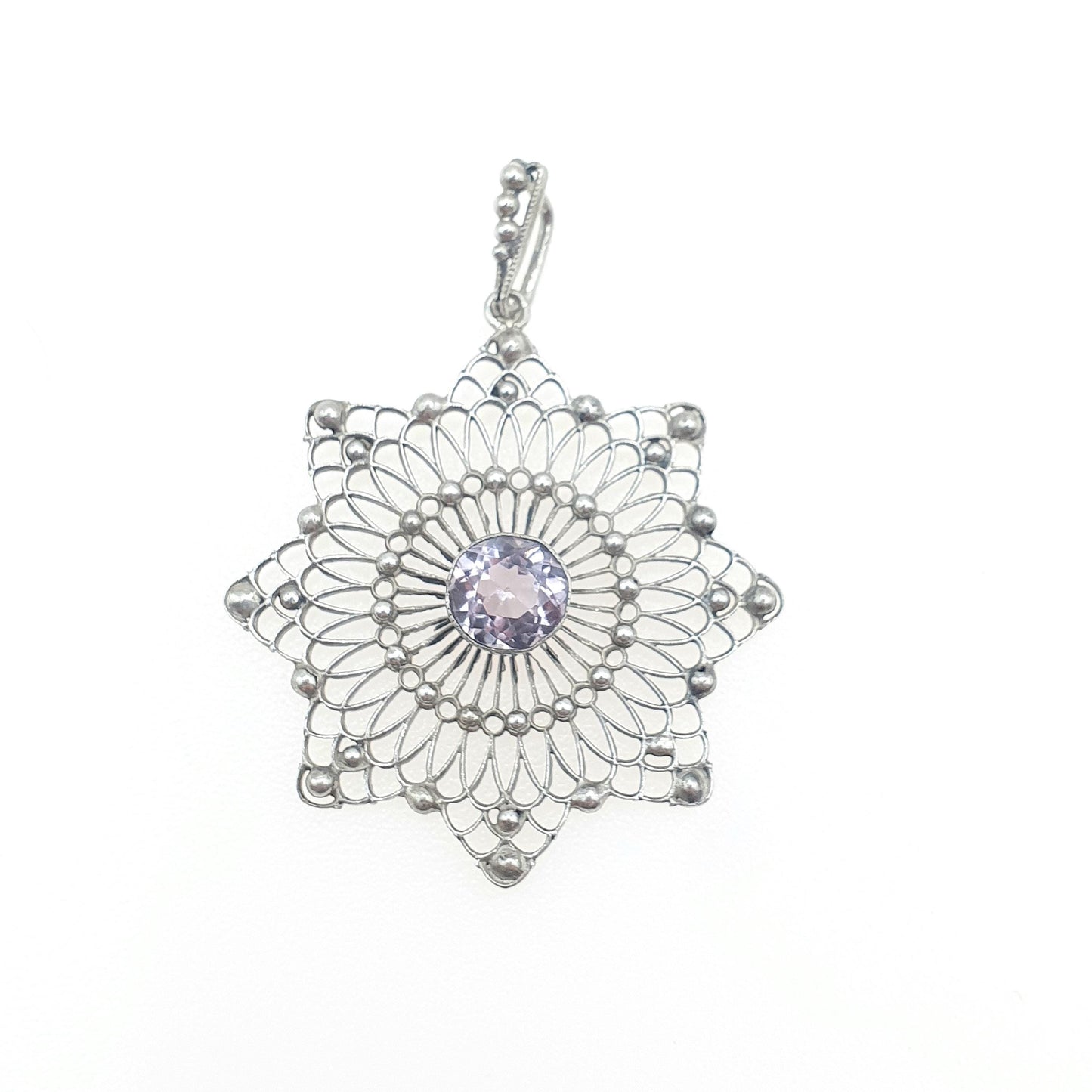 Antique Solid Silver Amethyst Star Filigree Pendant Celestial Handmade Purple Gemstone Delicate Vintage Womens Necklace Jewellery Jewelry