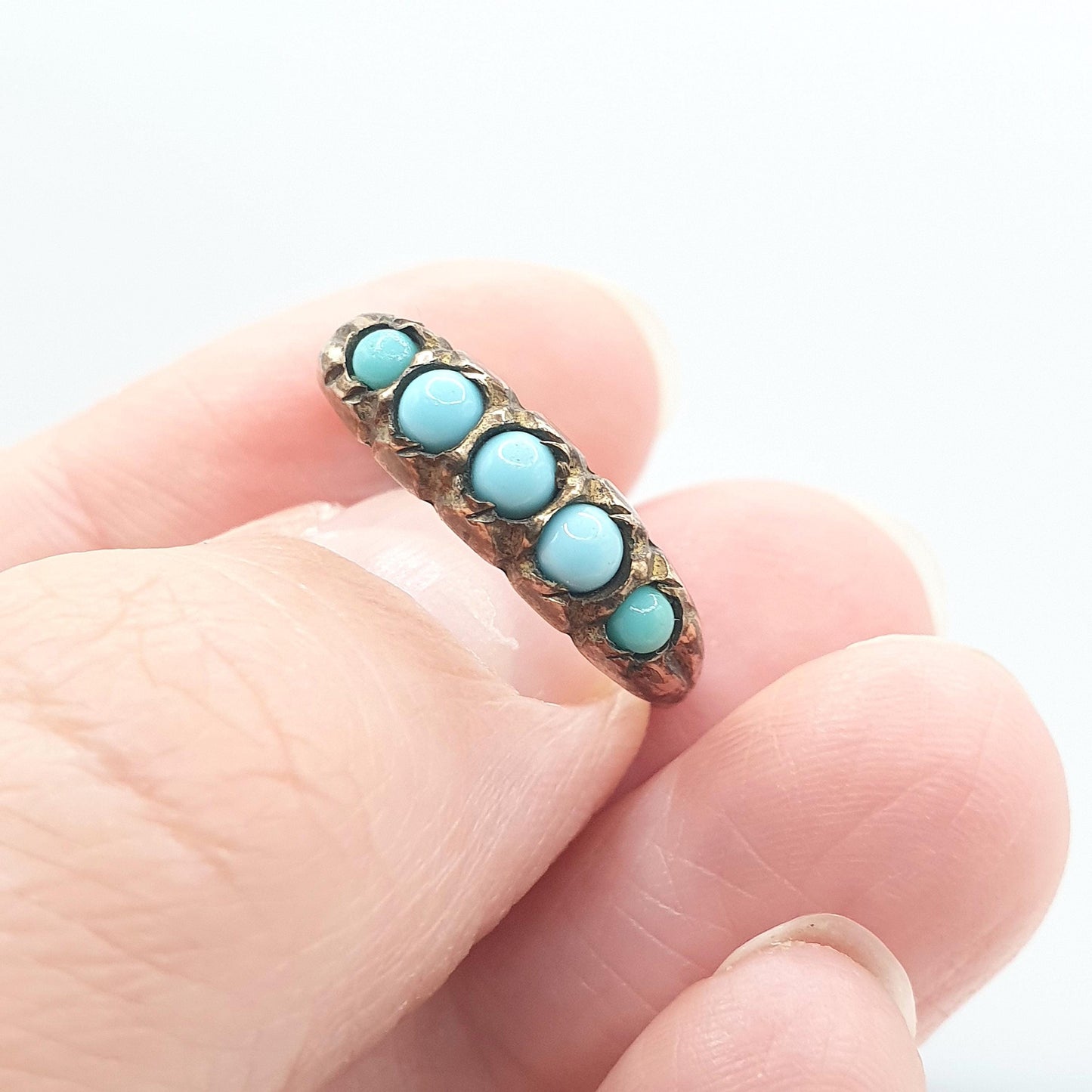 Antique Victorian Faux Turquoise Rose Rolled Gold Ring Blue 5 Stone 1800s Gift Womens Vintage Jewelry Jewellery