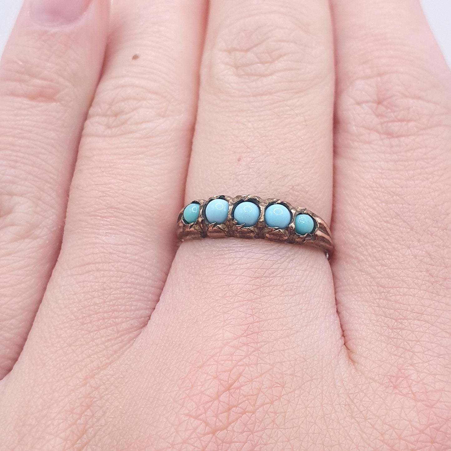 Antique Victorian Faux Turquoise Rose Rolled Gold Ring Blue 5 Stone 1800s Gift Womens Vintage Jewelry Jewellery