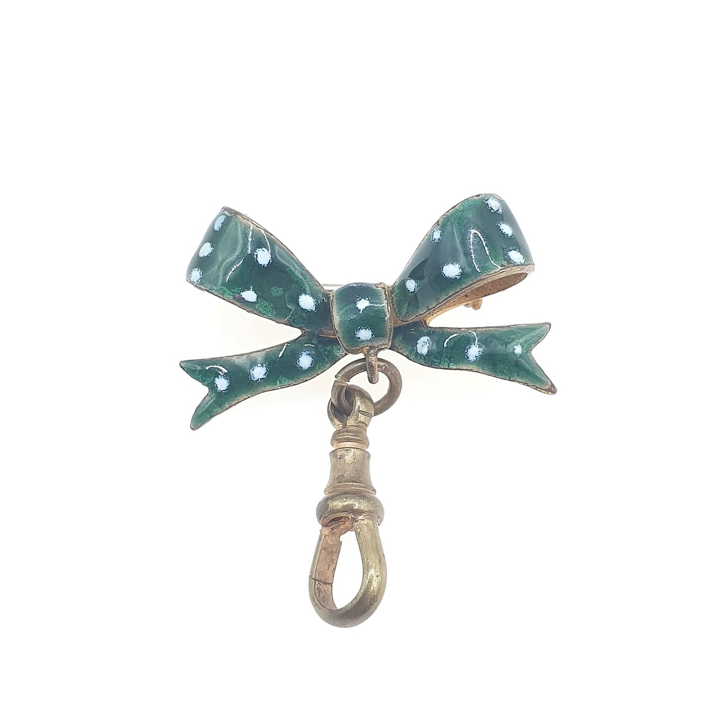 Antique Victorian Gold Gilt Enamel Bow Brooch with Dog Clip Green White Polka Dot Womens Ladies Jewelry Jewellery Vintage