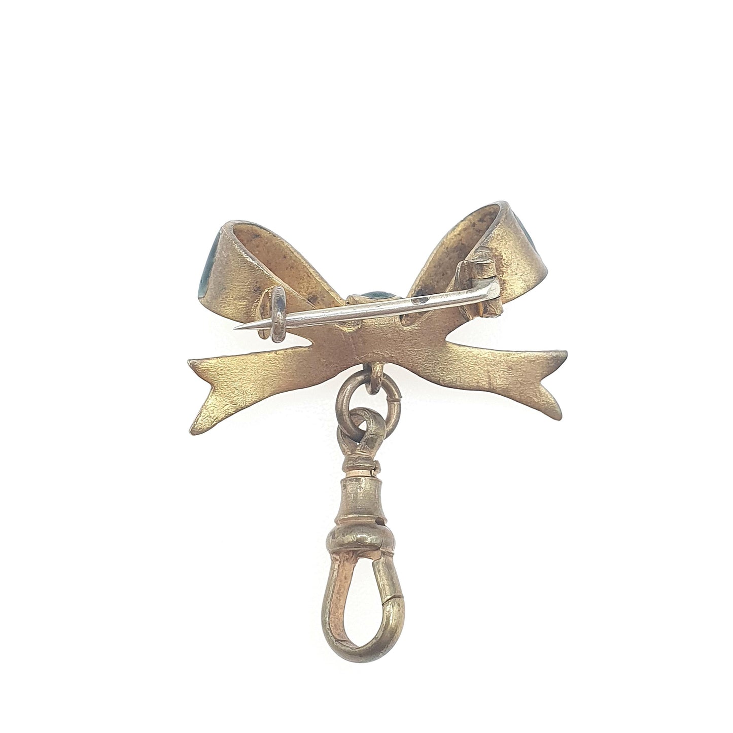 Antique Victorian Gold Gilt Enamel Bow Brooch with Dog Clip Green White Polka Dot Womens Ladies Jewelry Jewellery Vintage