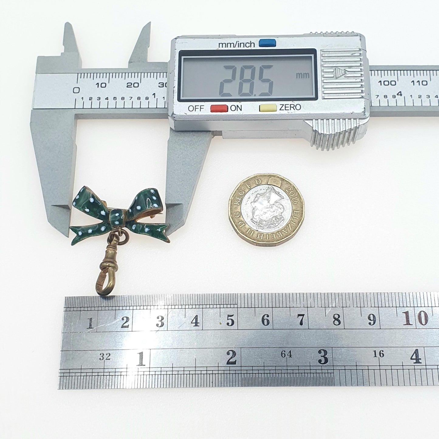 Antique Victorian Gold Gilt Enamel Bow Brooch with Dog Clip Green White Polka Dot Womens Ladies Jewelry Jewellery Vintage