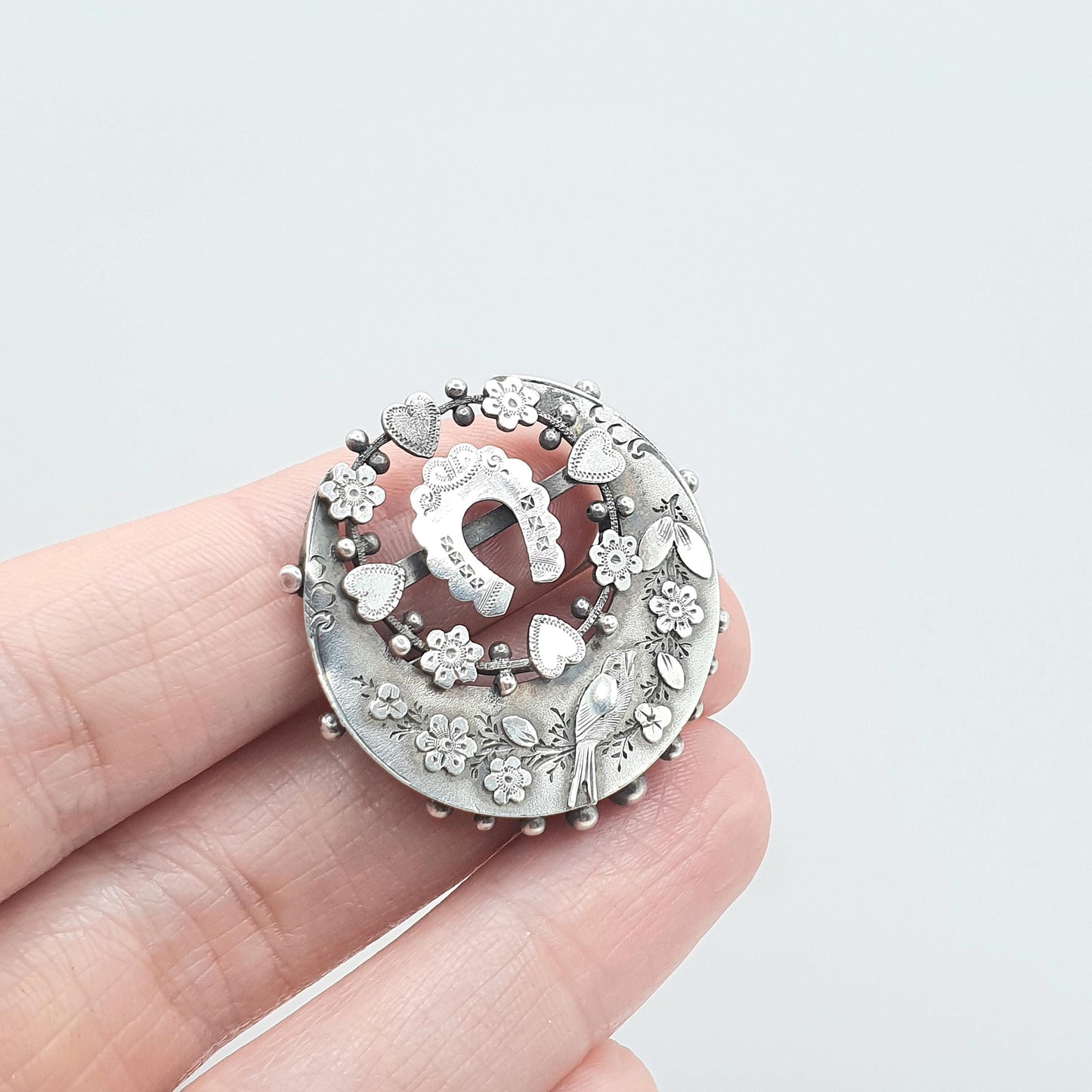 Antique Victorian Sterling Silver Sweetheart Brooch Bird Horseshoe Crescent Lucky Gold Luck 1892 Womens Jewelry Jewellery