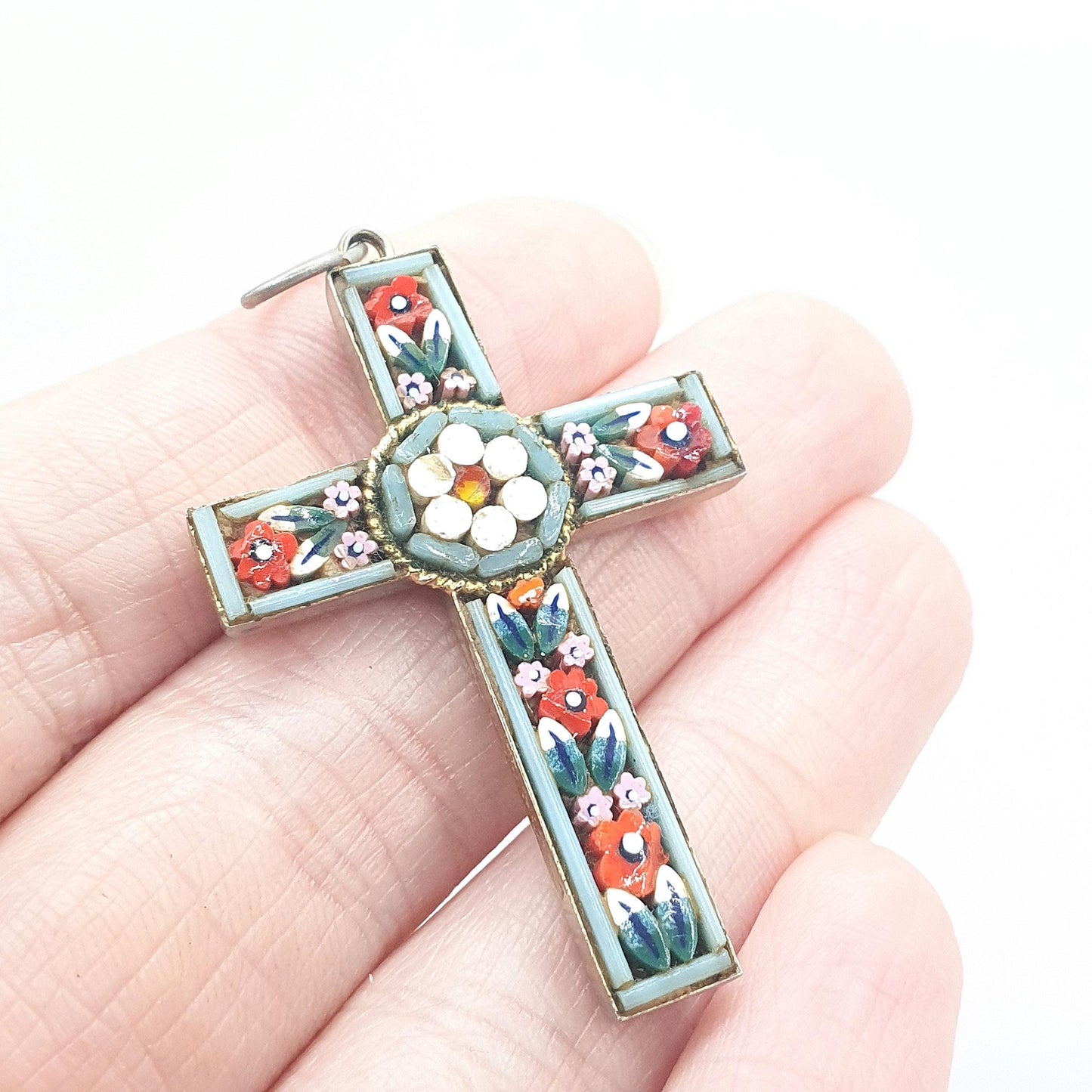 Antique Micromosaic Cross Crucifix Pendant Micro Mosaic Tiles Silver Tone Base Metal Italian Vintage Necklace Jewelry Jewellery