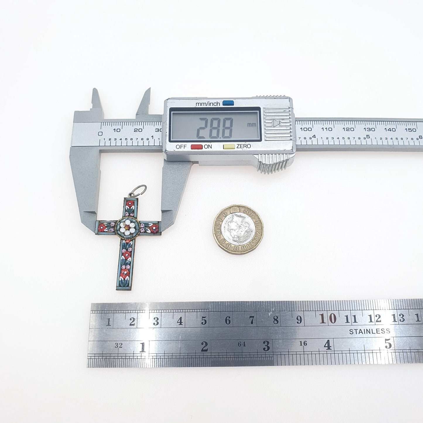 Antique Micromosaic Cross Crucifix Pendant Micro Mosaic Tiles Silver Tone Base Metal Italian Vintage Necklace Jewelry Jewellery