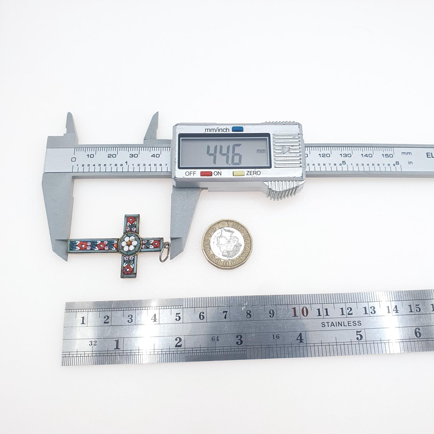 Antique Micromosaic Cross Crucifix Pendant Micro Mosaic Tiles Silver Tone Base Metal Italian Vintage Necklace Jewelry Jewellery