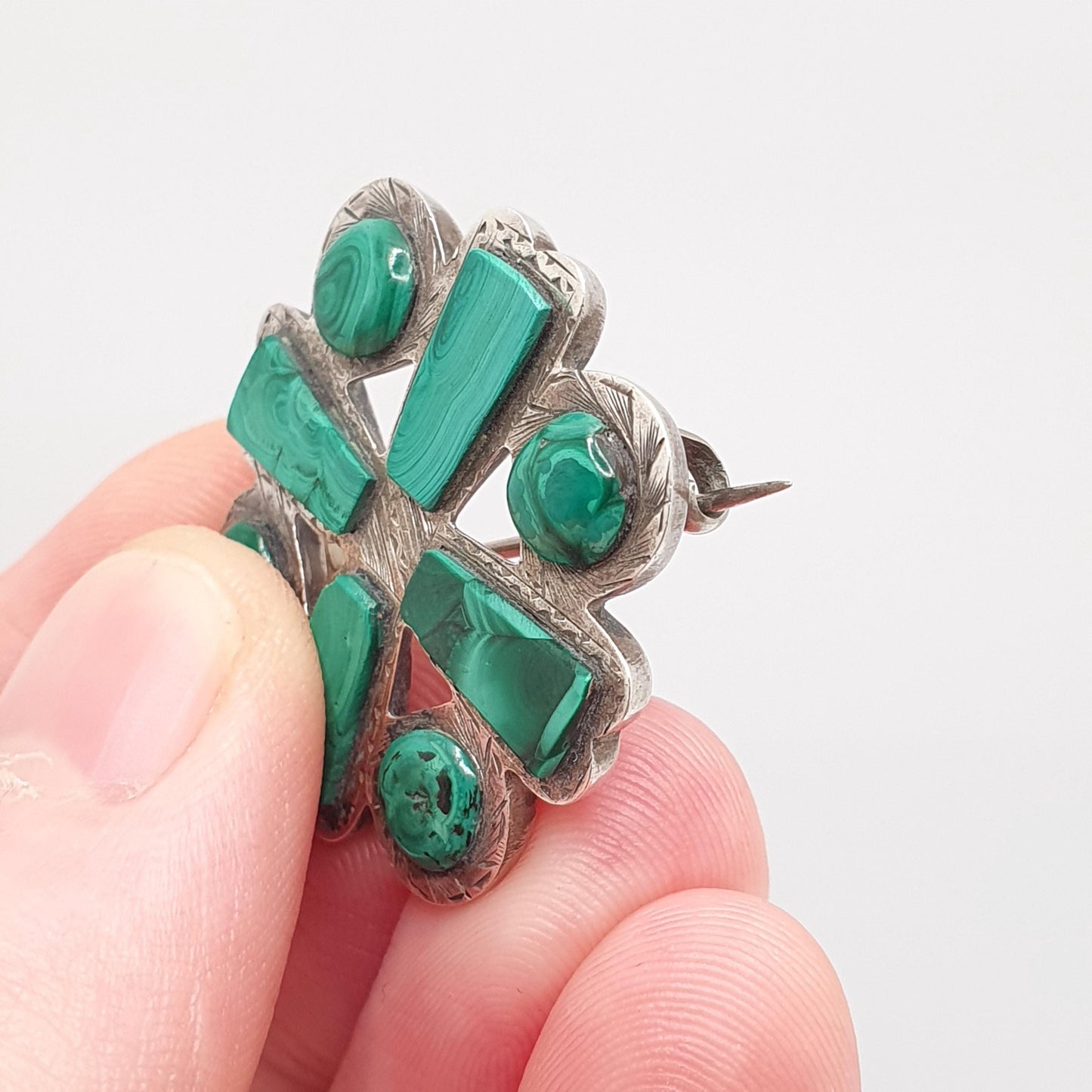 Antique Victorian Malachite Solid Silver Brooch Scottish Cross Cruciform Green Gemstone Vintage Womens Jewelry Jewellery