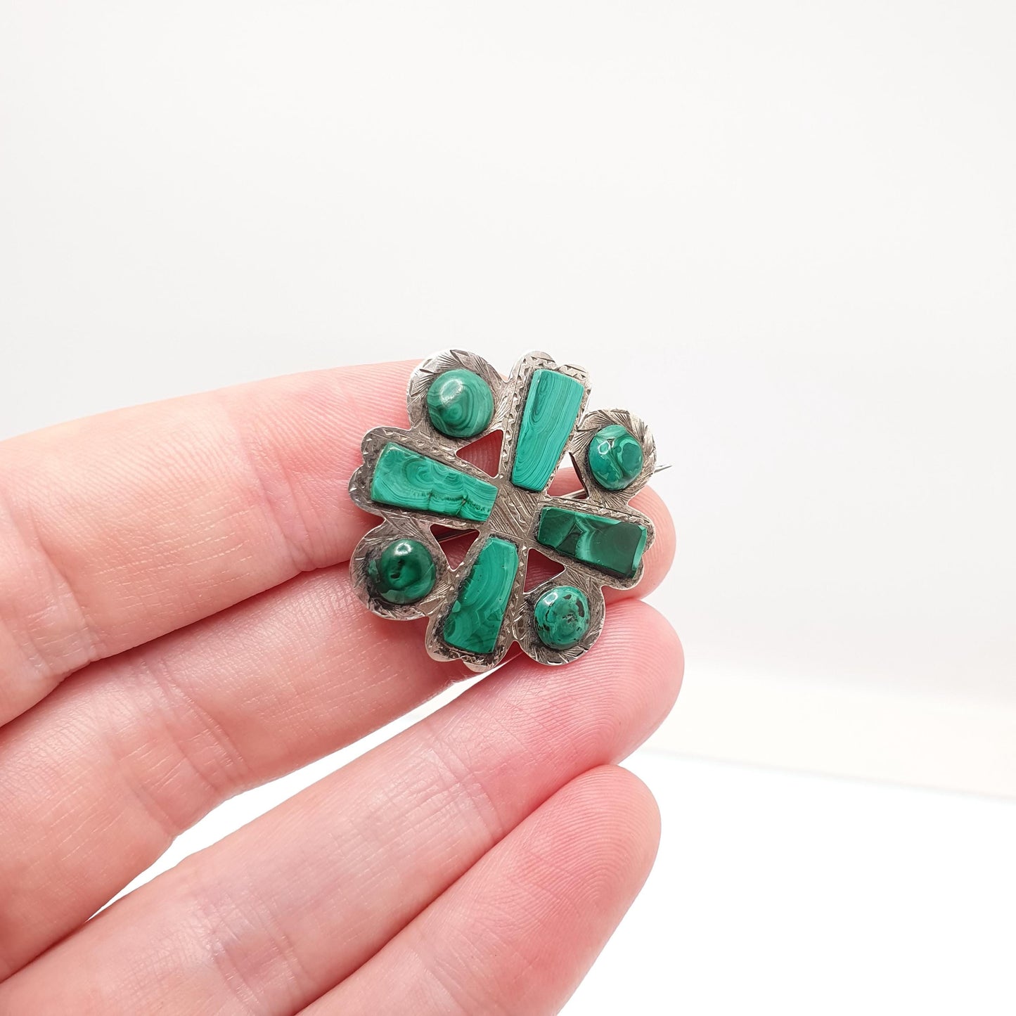 Antique Victorian Malachite Solid Silver Brooch Scottish Cross Cruciform Green Gemstone Vintage Womens Jewelry Jewellery