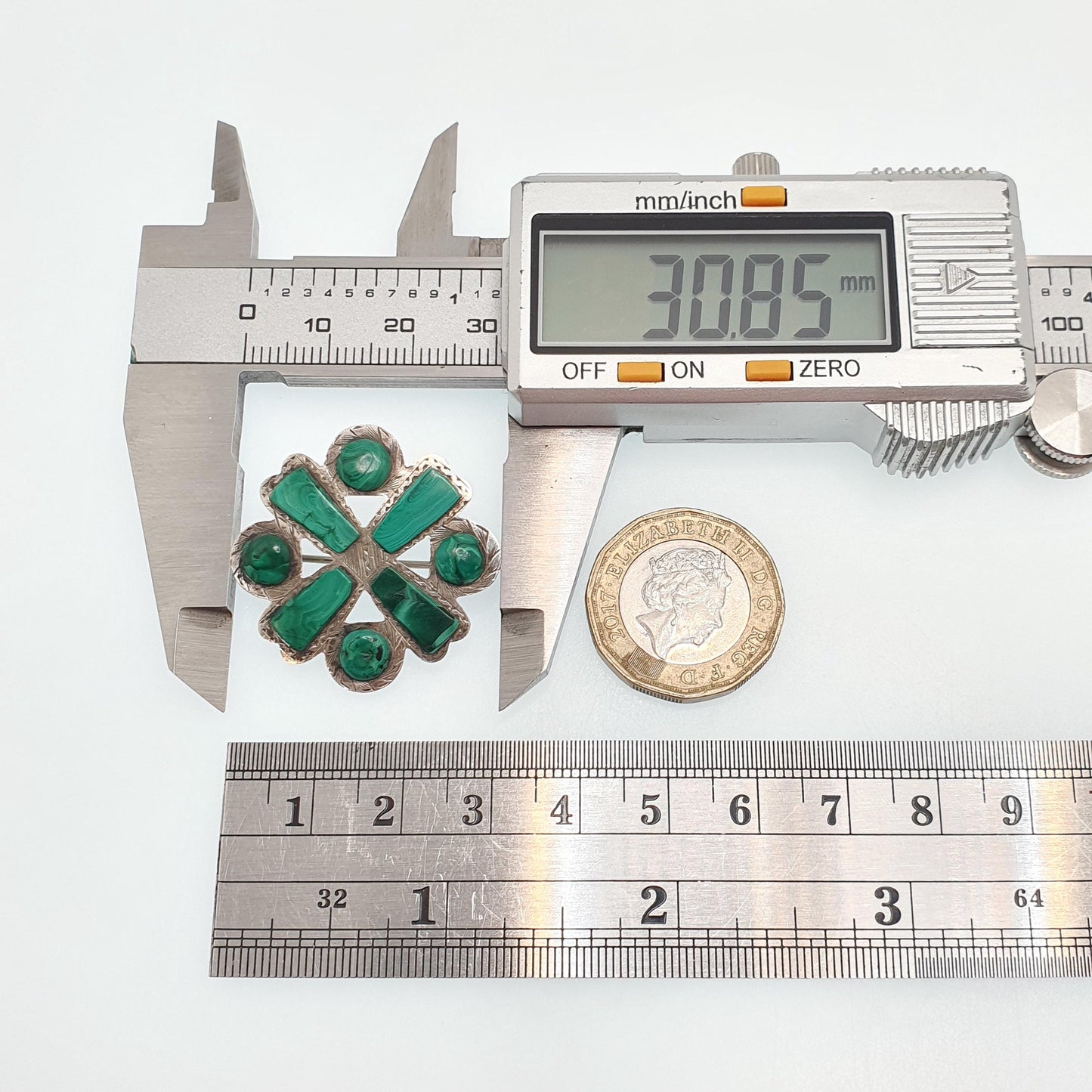 Antique Victorian Malachite Solid Silver Brooch Scottish Cross Cruciform Green Gemstone Vintage Womens Jewelry Jewellery