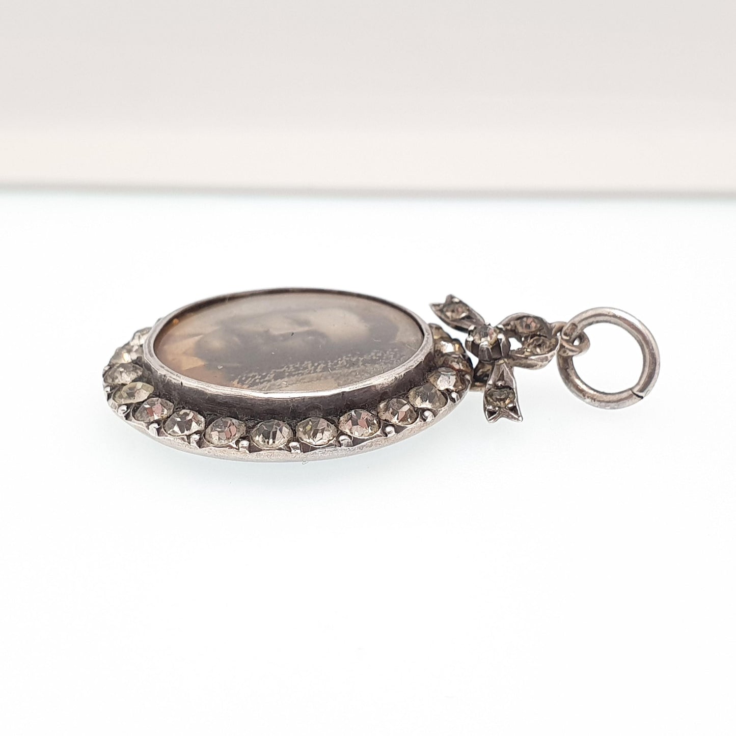 Antique Sterling Silver Diamond Paste Locket Pendant Edwardian 1903 Necklace Picture Photo Bow Double Sided Womens Vintage