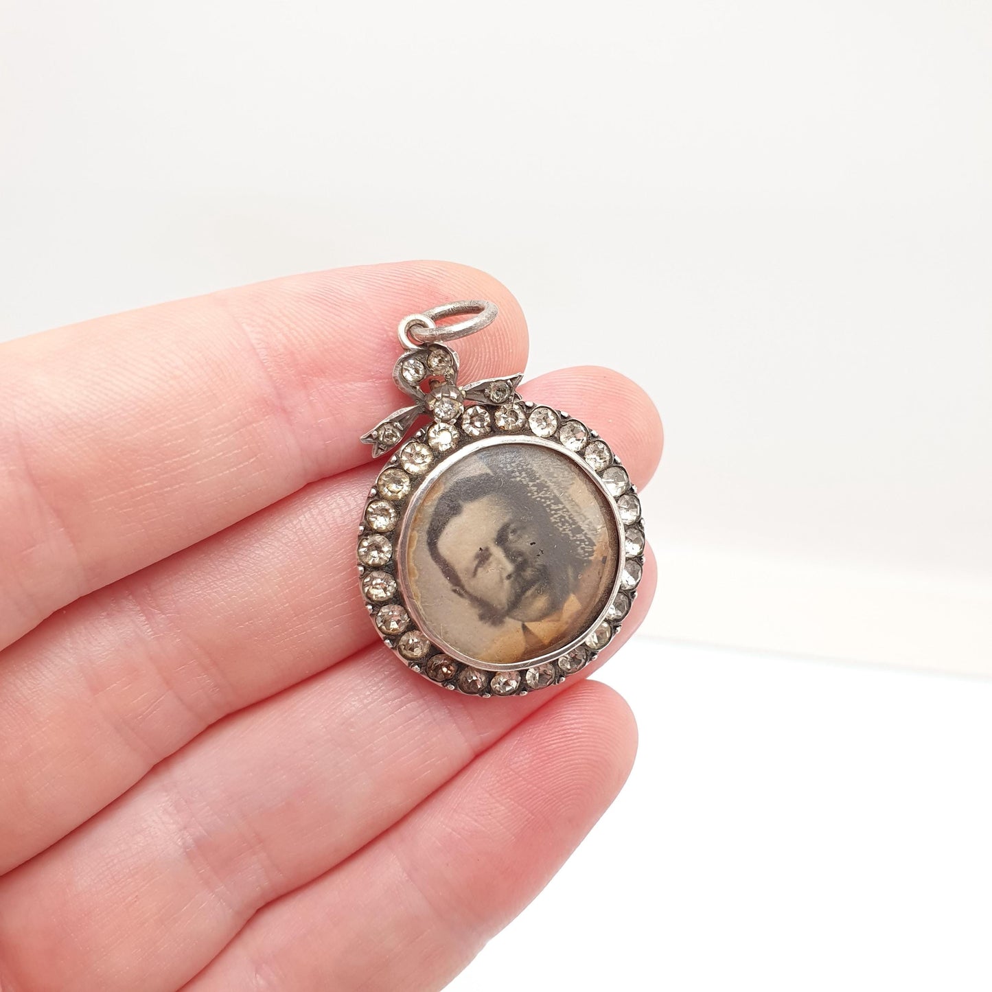 Antique Sterling Silver Diamond Paste Locket Pendant Edwardian 1903 Necklace Picture Photo Bow Double Sided Womens Vintage