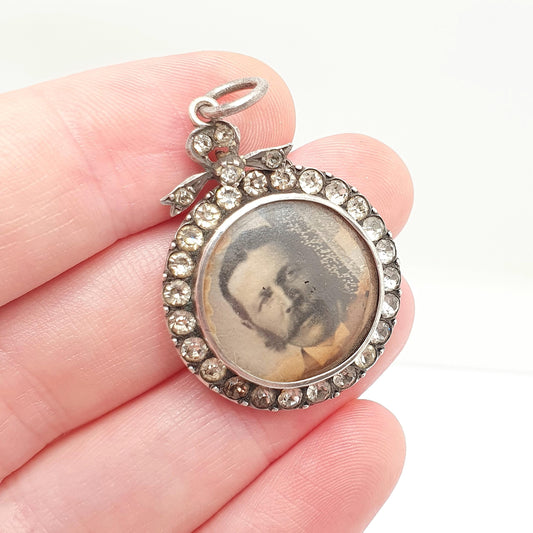 Antique Sterling Silver Diamond Paste Locket Pendant Edwardian 1903 Necklace Picture Photo Bow Double Sided Womens Vintage