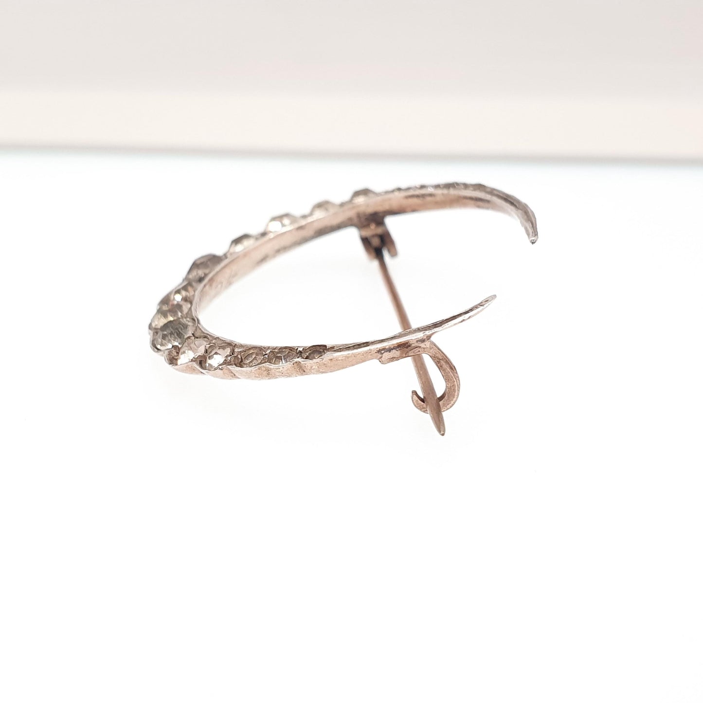 Antique Crescent Moon Solid Silver Brooch Victorian Diamond Paste Foiled Backs Sparkly Celestial Jewelry Jewellery Vintage Moons