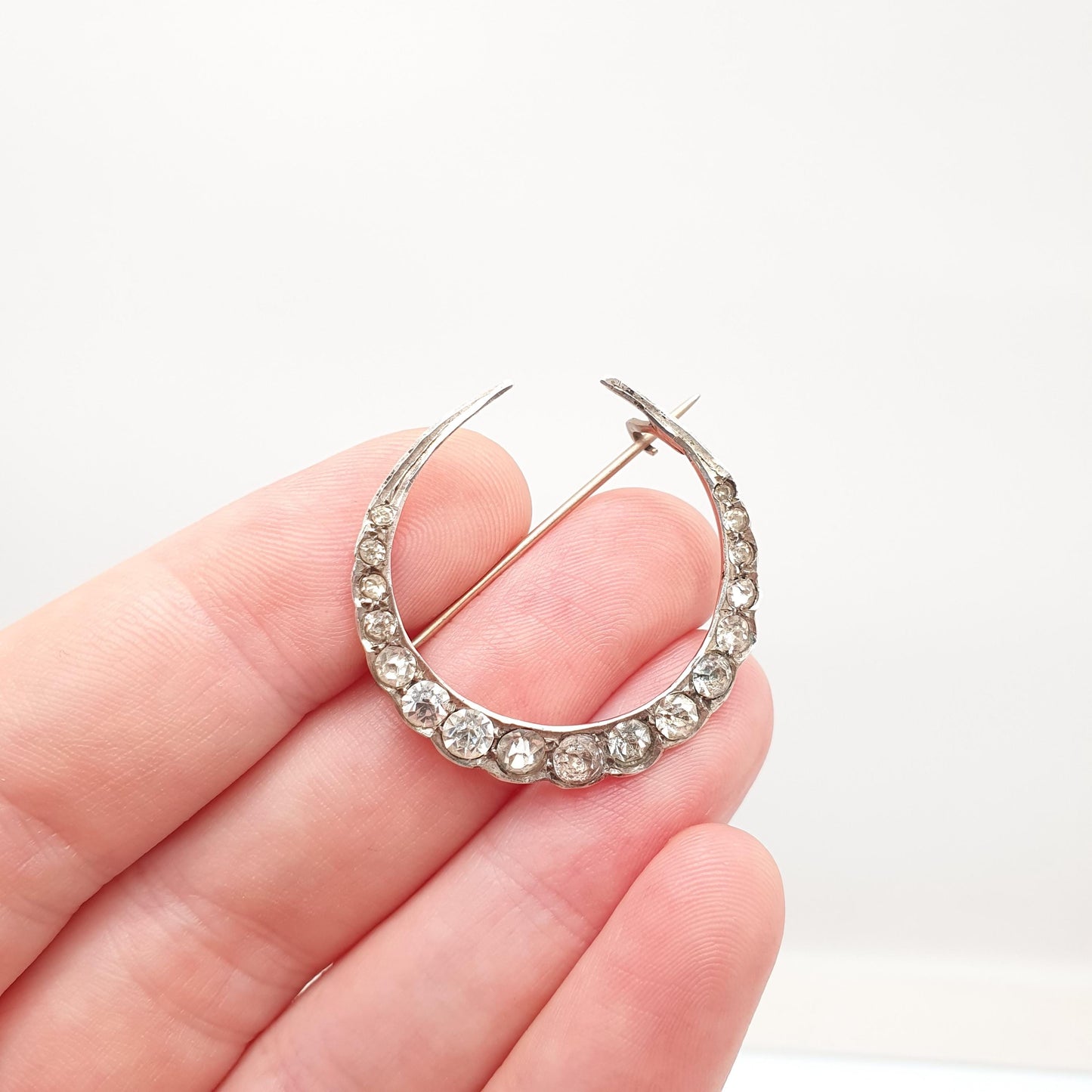 Antique Crescent Moon Solid Silver Brooch Victorian Diamond Paste Foiled Backs Sparkly Celestial Jewelry Jewellery Vintage Moons