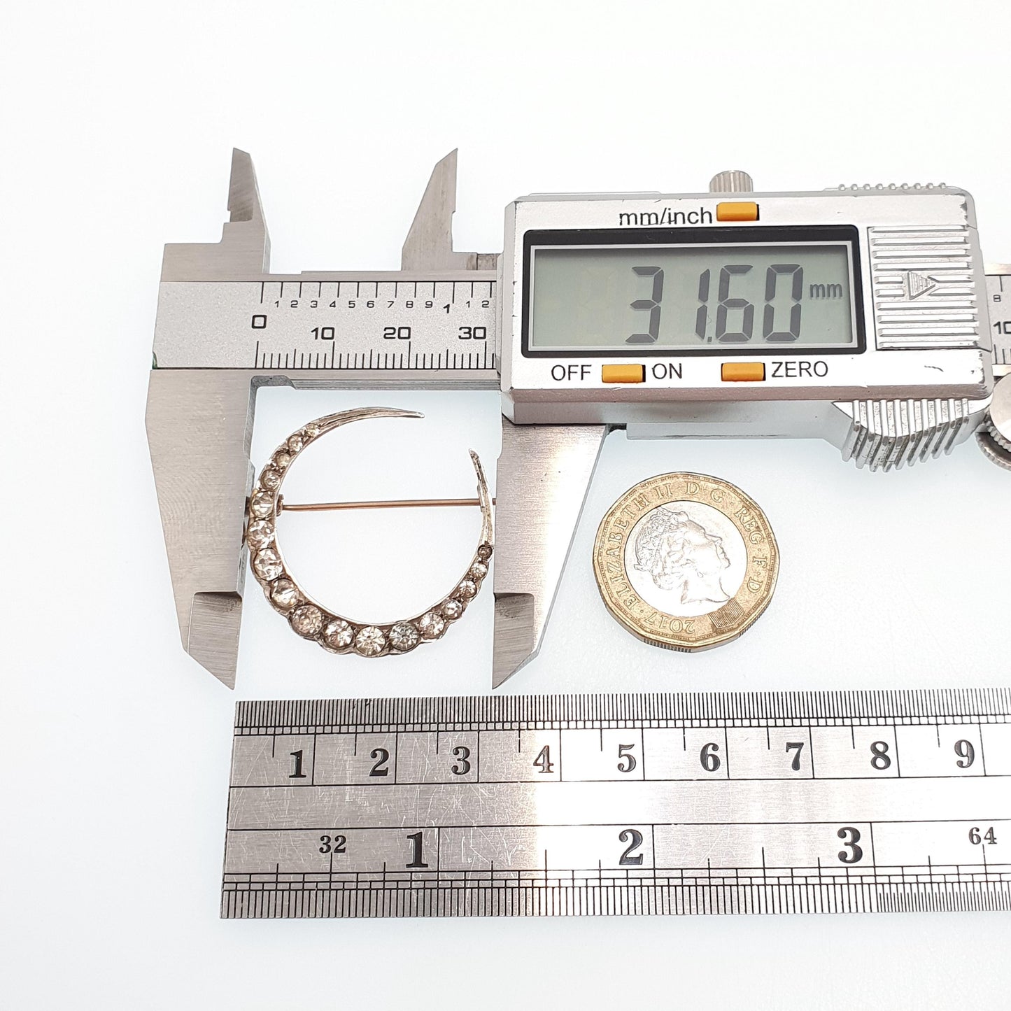 Antique Crescent Moon Solid Silver Brooch Victorian Diamond Paste Foiled Backs Sparkly Celestial Jewelry Jewellery Vintage Moons