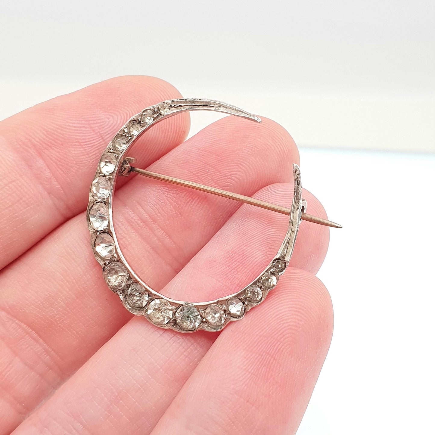 Antique Crescent Moon Solid Silver Brooch Victorian Diamond Paste Foiled Backs Sparkly Celestial Jewelry Jewellery Vintage Moons