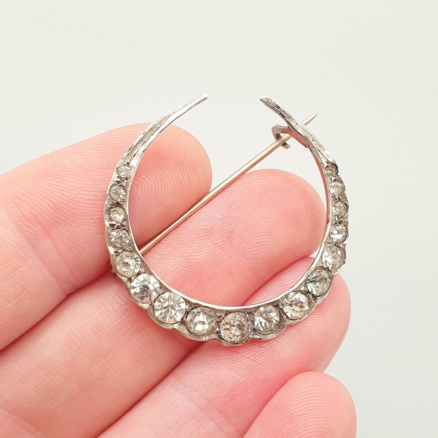 Antique Crescent Moon Solid Silver Brooch Victorian Diamond Paste Foiled Backs Sparkly Celestial Jewelry Jewellery Vintage Moons