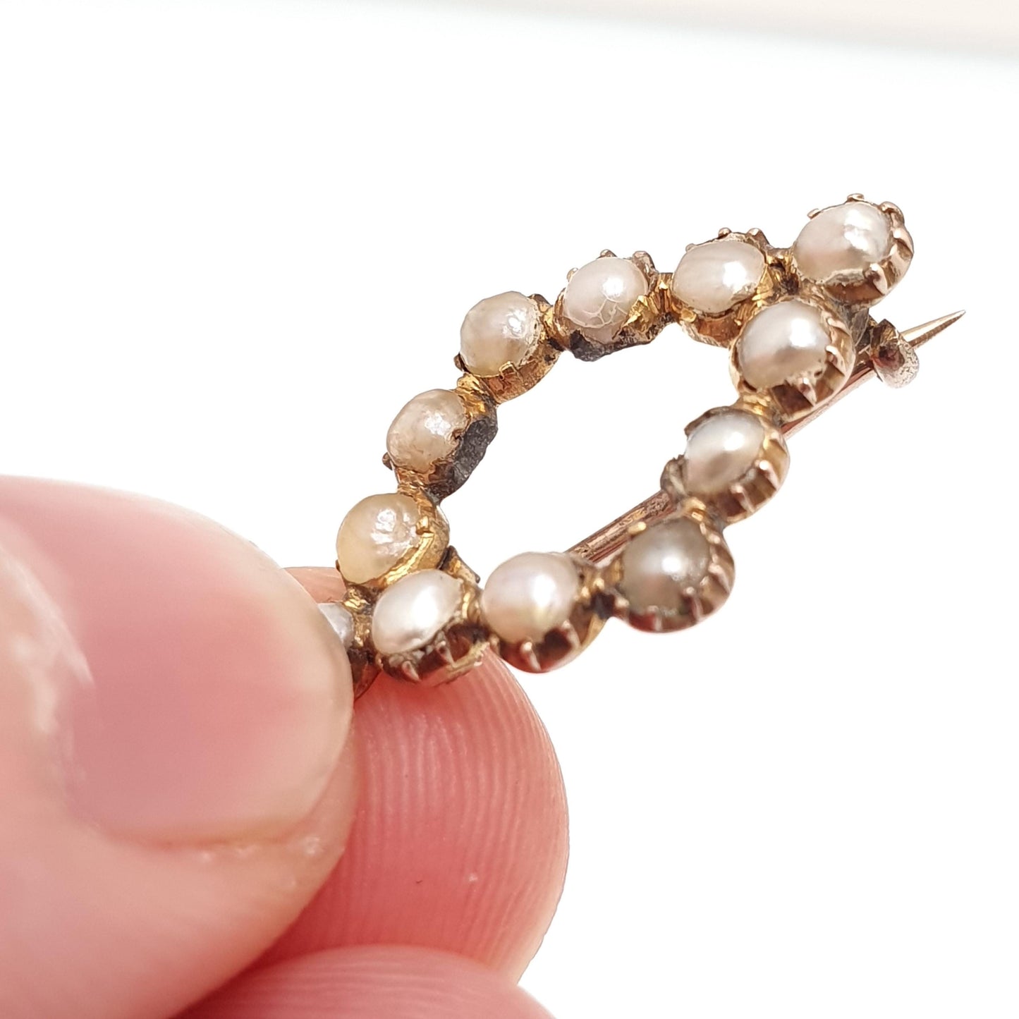 Antique 9k 9ct Gold Seed Pearl Brooch Victorian Pin Kite Shape Solid 375 Natural Pearls Jewelry Jewellery Vintage