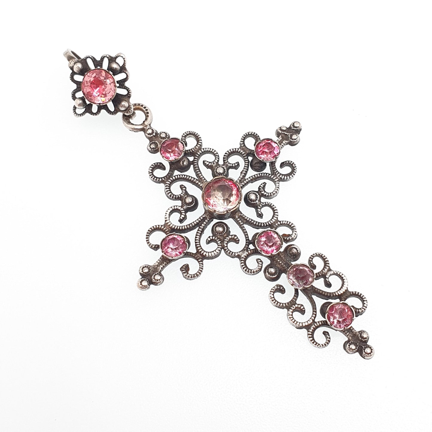 Antique Victorian Pink Paste Crucifix Pendant Silver Plate Necklace Cross Filigree Foiled Pastes Early Victorian Jewellery Jewelry