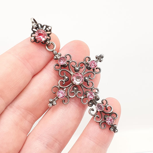 Antique Victorian Pink Paste Crucifix Pendant Silver Plate Necklace Cross Filigree Foiled Pastes Early Victorian Jewellery Jewelry
