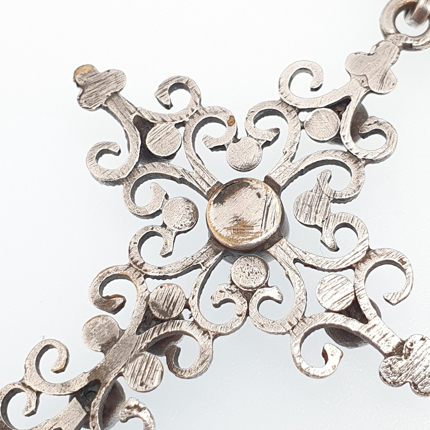 Antique Victorian Pink Paste Crucifix Pendant Silver Plate Necklace Cross Filigree Foiled Pastes Early Victorian Jewellery Jewelry