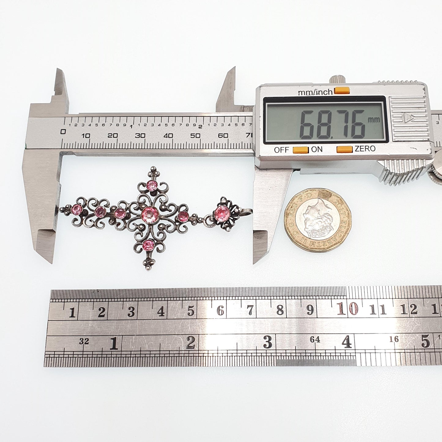 Antique Victorian Pink Paste Crucifix Pendant Silver Plate Necklace Cross Filigree Foiled Pastes Early Victorian Jewellery Jewelry