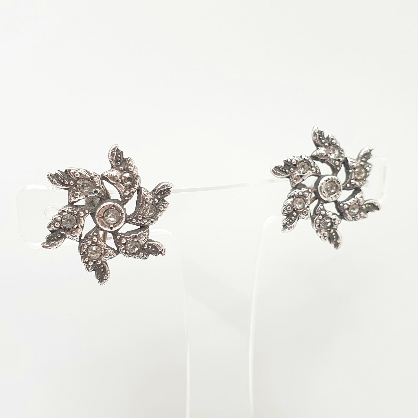 Antique Victorian Sterling Silver Diamond Paste Spiral Earrings Snowflake Flower Rare Vintage 1800s Jewelry