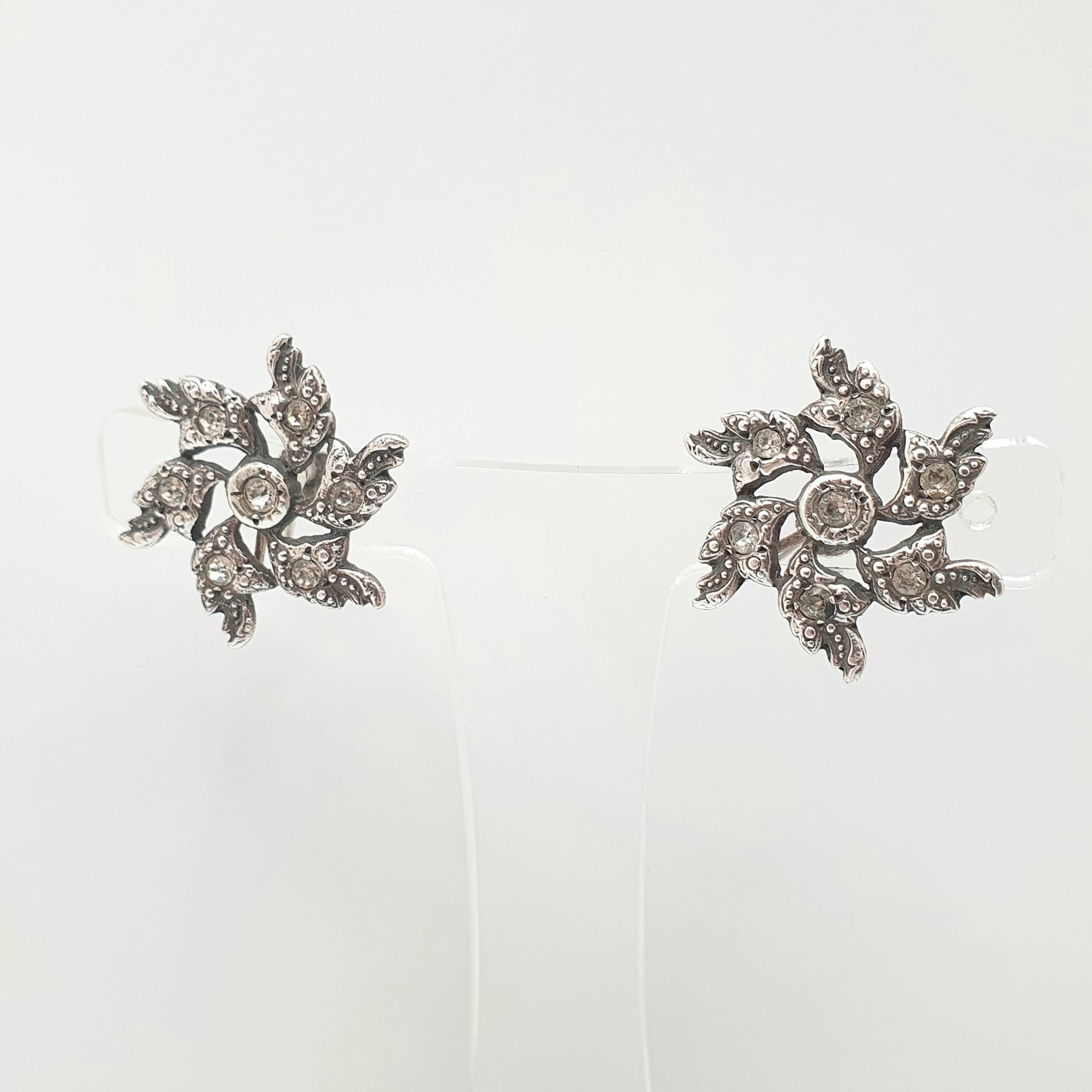 Antique Victorian Sterling Silver Diamond Paste Spiral Earrings Snowflake Flower Rare Vintage 1800s Jewelry