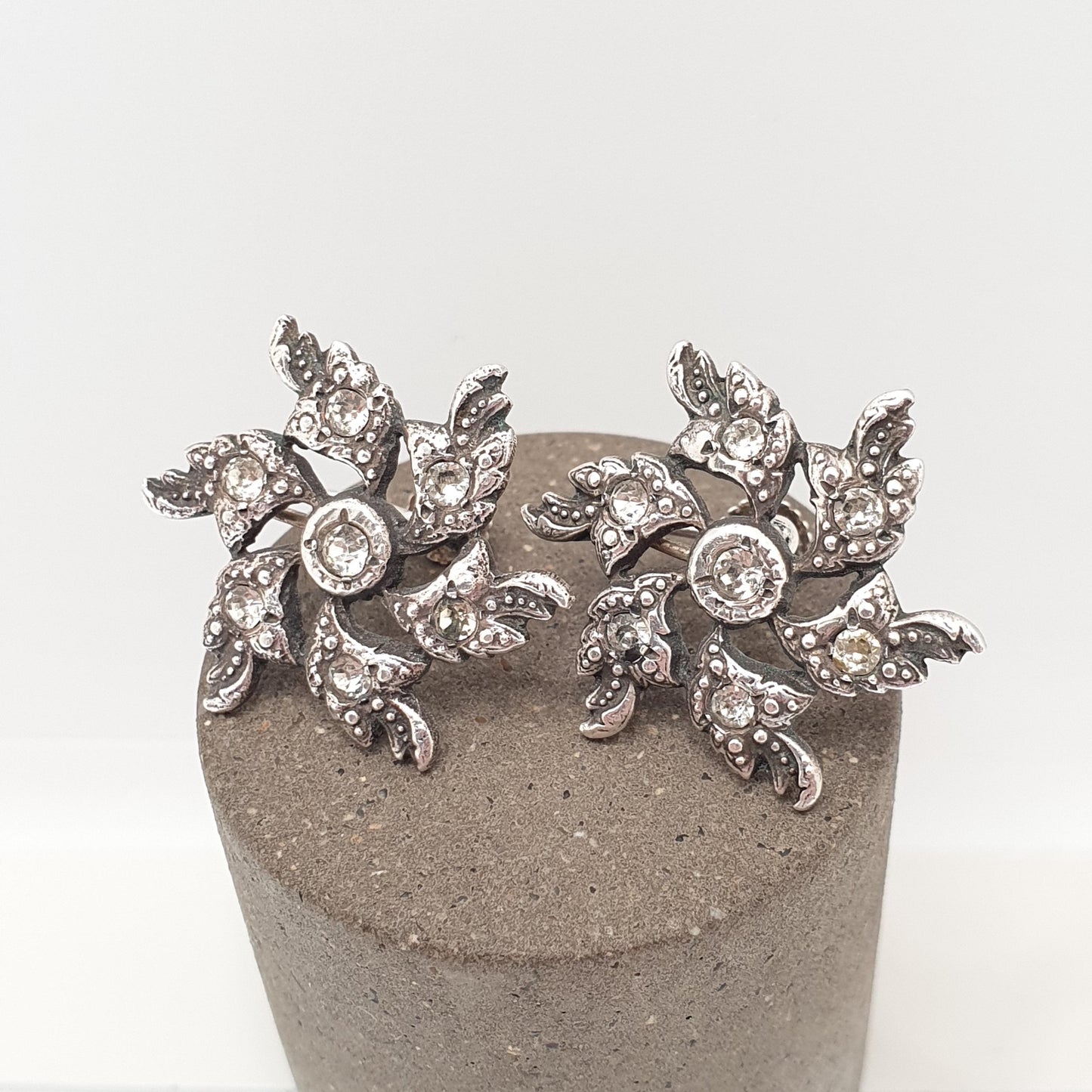 Antique Victorian Sterling Silver Diamond Paste Spiral Earrings Snowflake Flower Rare Vintage 1800s Jewelry