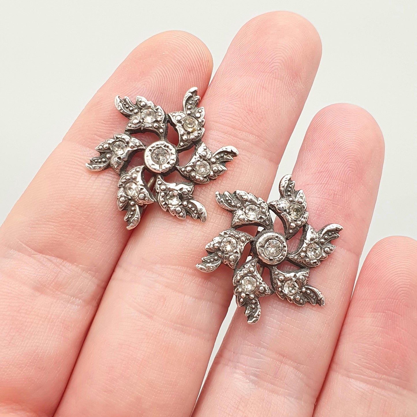 Antique Victorian Sterling Silver Diamond Paste Spiral Earrings Snowflake Flower Rare Vintage 1800s Jewelry