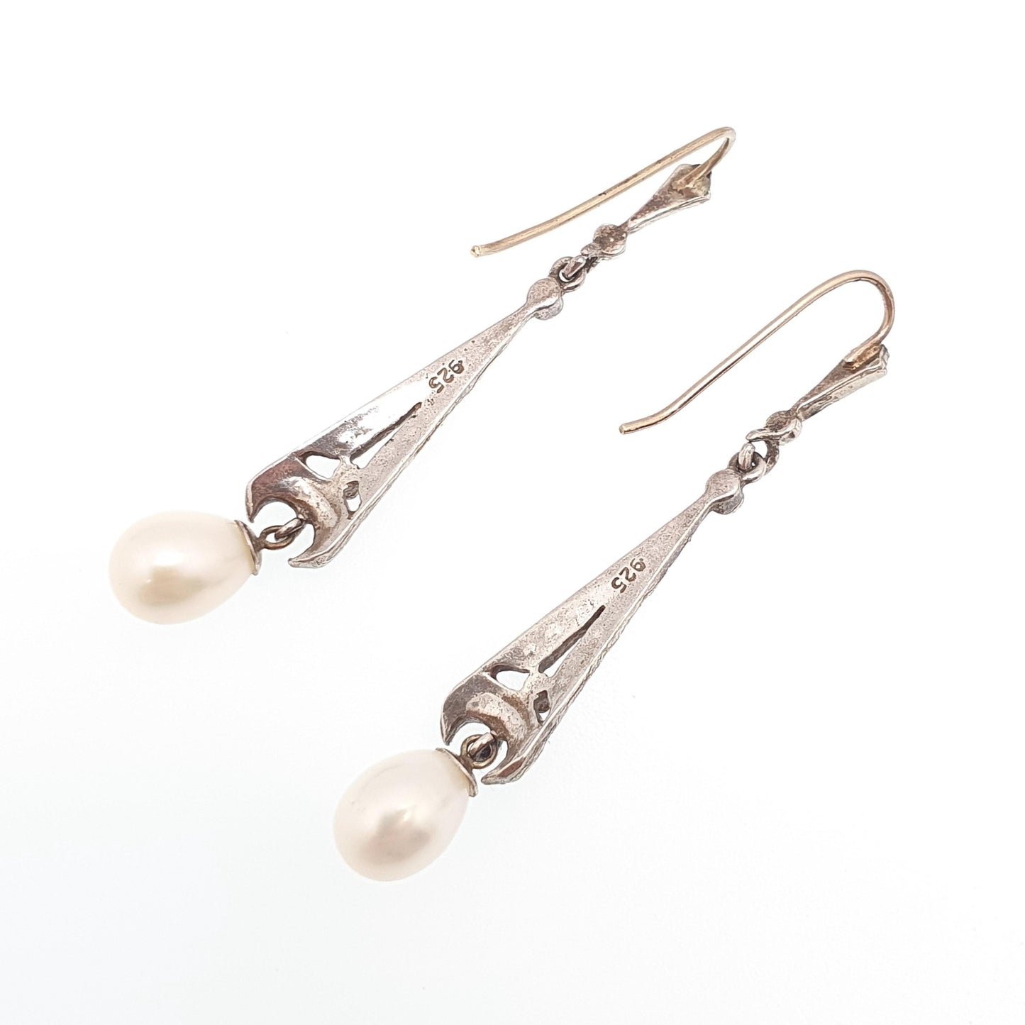 Antique 9ct Gold Pearl Earrings Sterling Silver Diamond Paste Hook Hanging Cultured Dangle Drop Jewelry Jewellery