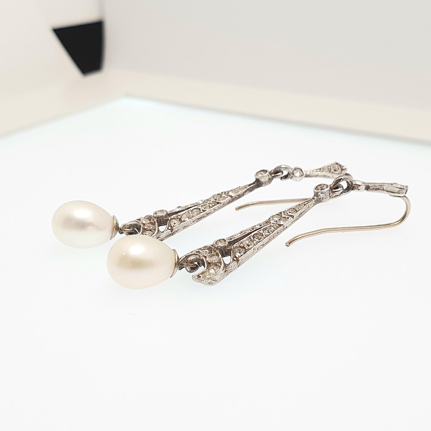 Antique 9ct Gold Pearl Earrings Sterling Silver Diamond Paste Hook Hanging Cultured Dangle Drop Jewelry Jewellery