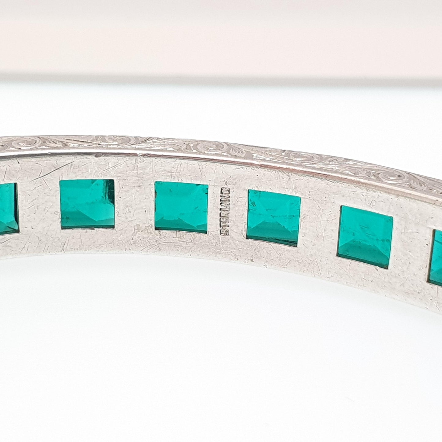 Antique Sterling Silver Emerald Paste Bangle Snap Bracelet Channel Set Art Deco Vintage 1920s 27.36g Womens Jewelry Jewellery