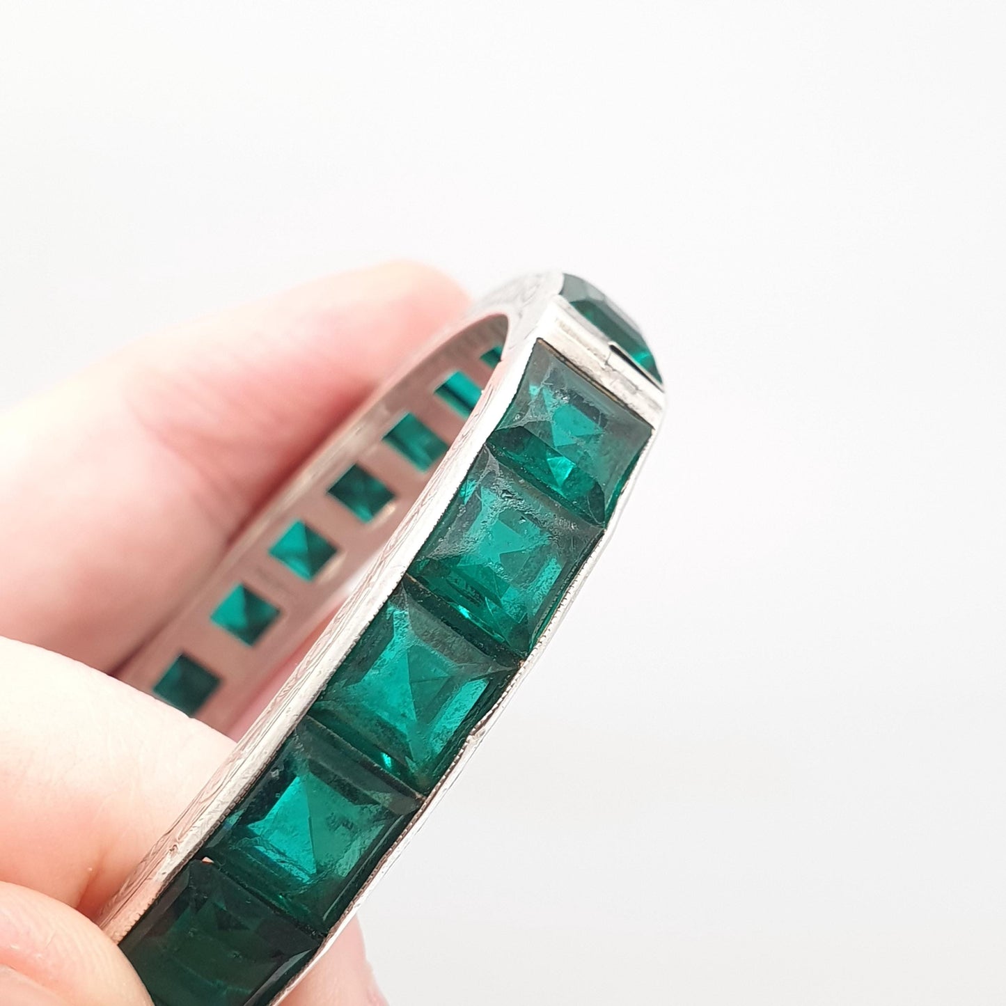 Antique Sterling Silver Emerald Paste Bangle Snap Bracelet Channel Set Art Deco Vintage 1920s 27.36g Womens Jewelry Jewellery