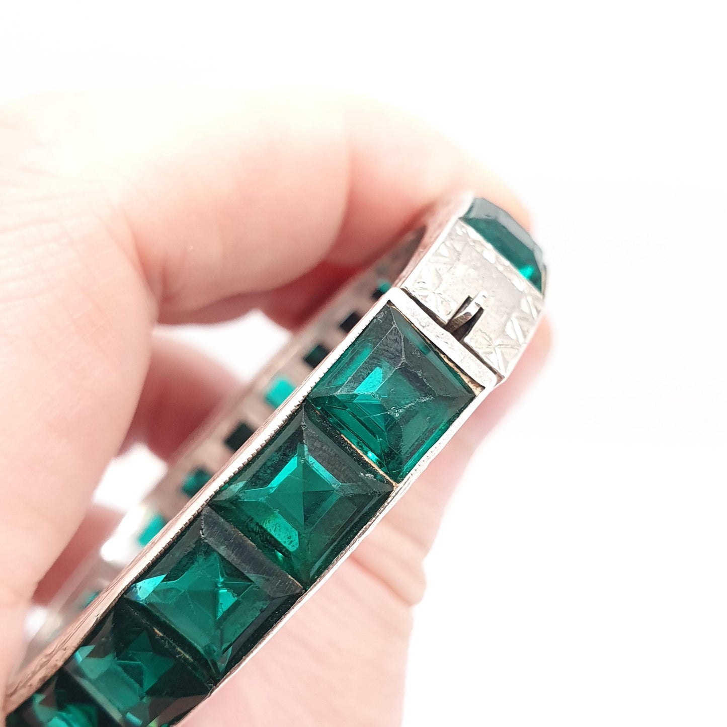 Antique Sterling Silver Emerald Paste Bangle Snap Bracelet Channel Set Art Deco Vintage 1920s 27.36g Womens Jewelry Jewellery