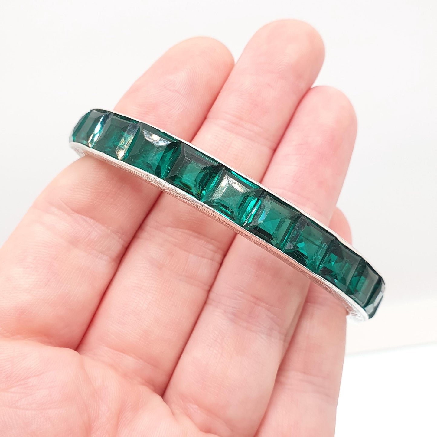 Antique Sterling Silver Emerald Paste Bangle Snap Bracelet Channel Set Art Deco Vintage 1920s 27.36g Womens Jewelry Jewellery