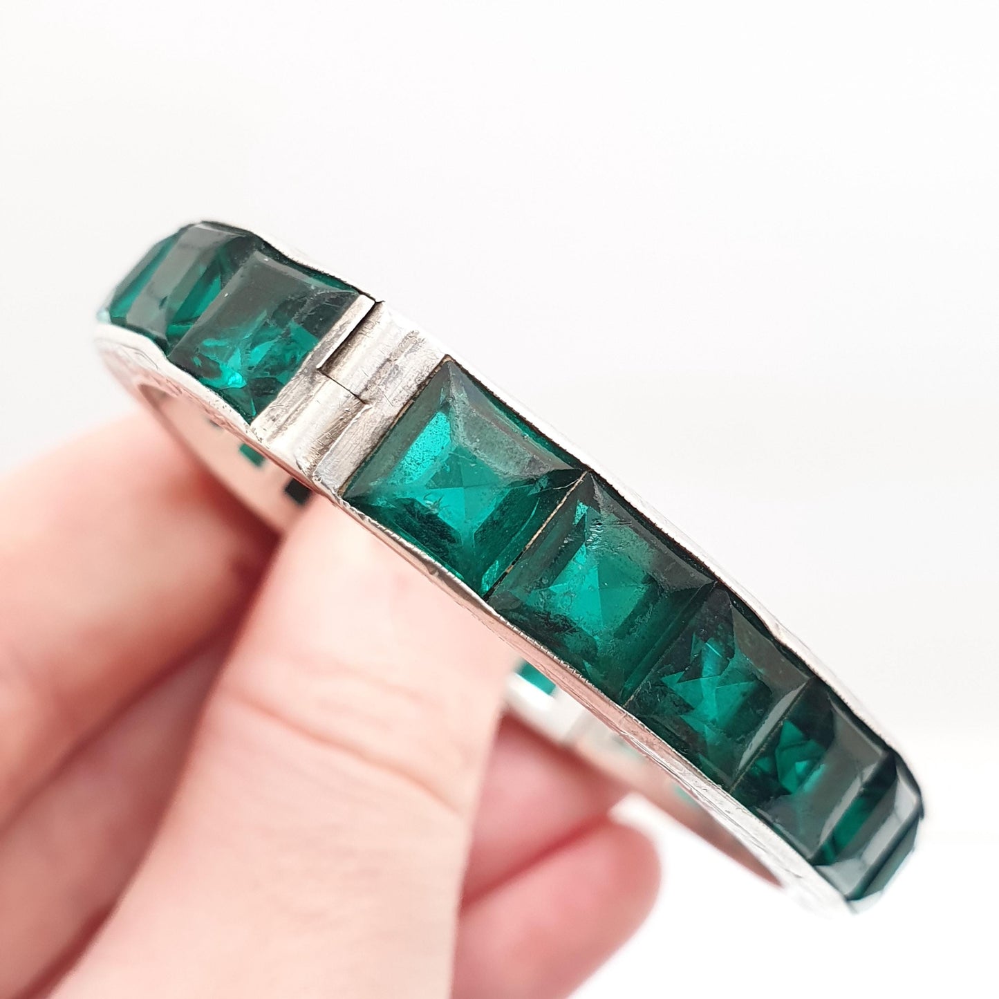 Antique Sterling Silver Emerald Paste Bangle Snap Bracelet Channel Set Art Deco Vintage 1920s 27.36g Womens Jewelry Jewellery