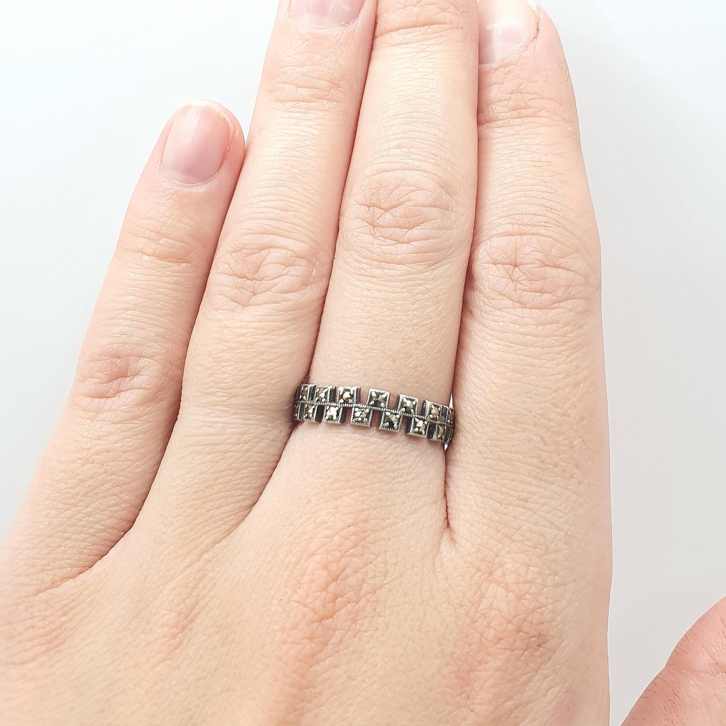 Antique Art Deco Solid Silver Marcasite Eternity Ring Stepped Flapper 1920s Unisex Womens Jewelry Jewellery