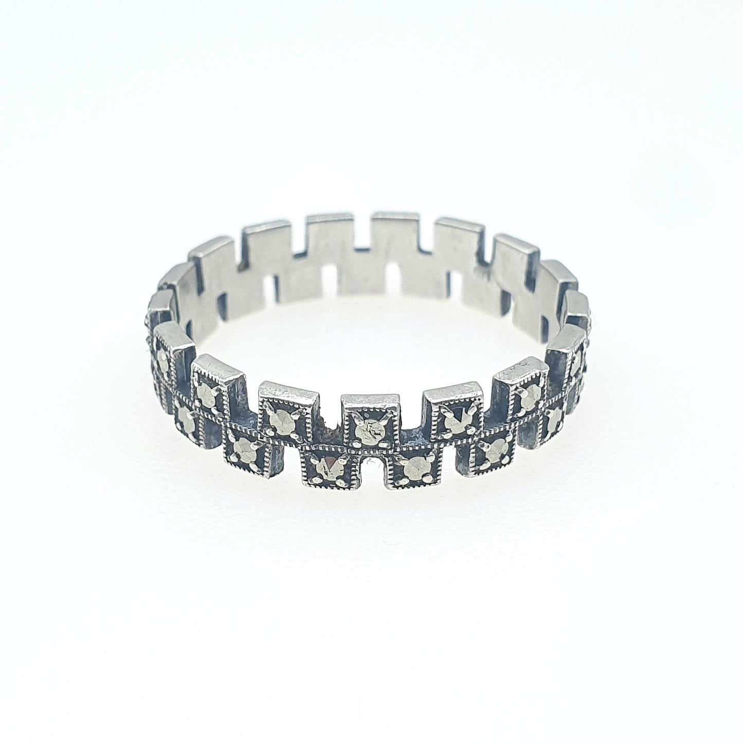 Antique Art Deco Solid Silver Marcasite Eternity Ring Stepped Flapper 1920s Unisex Womens Jewelry Jewellery