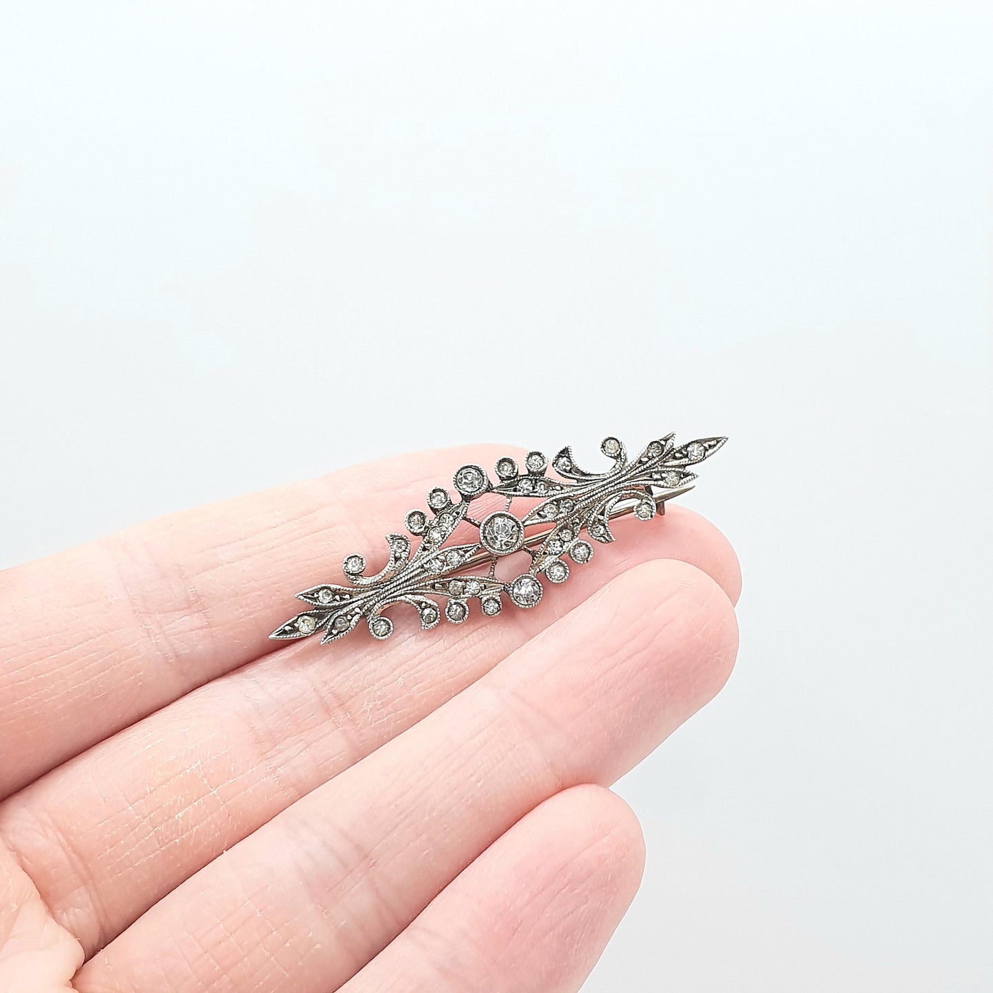 Antique Victorian Solid Silver Diamond Paste Brooch Art Nouveau Scroll Foiled Womens Unisex Jewelry Jewellery