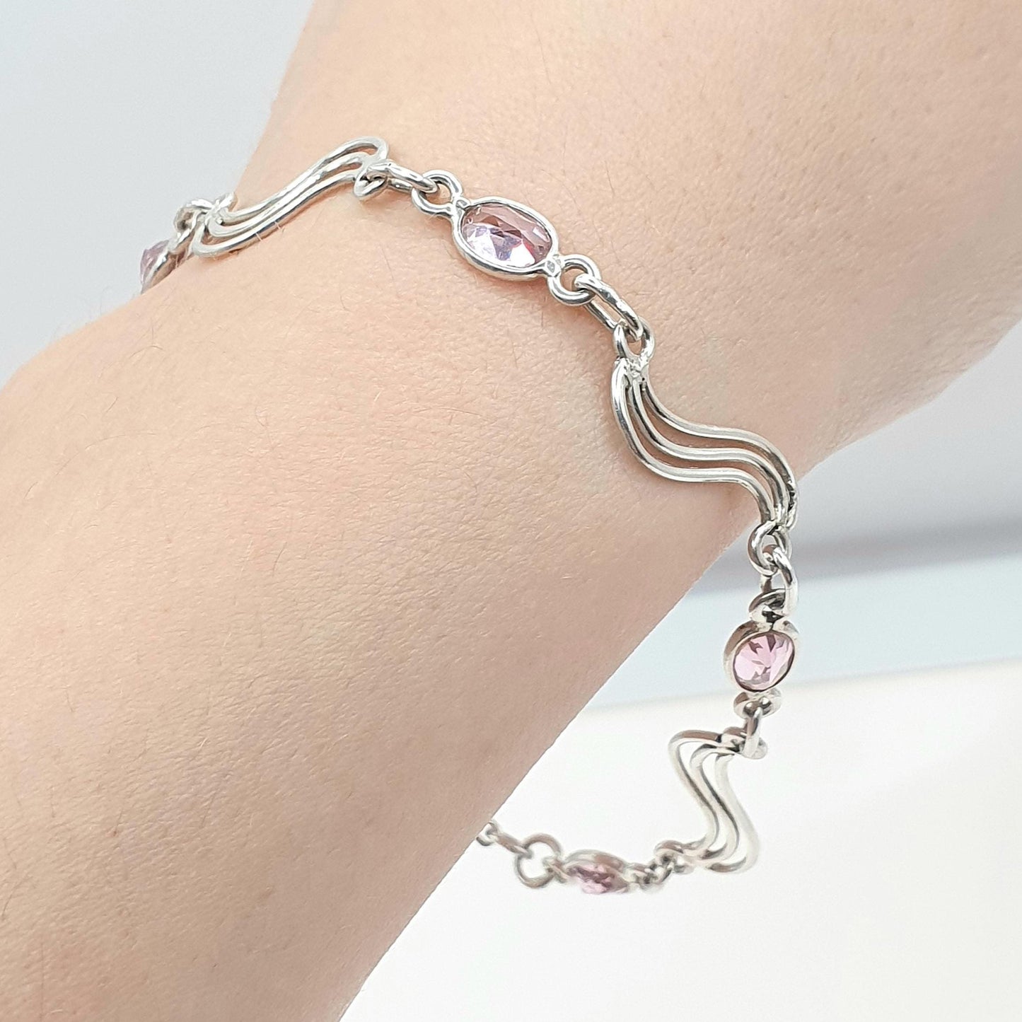 Vintage Sterling Silver Pink CZ Bracelet Wave Link Modernist Oval Cut Womens Retro Jewelry Jewellery
