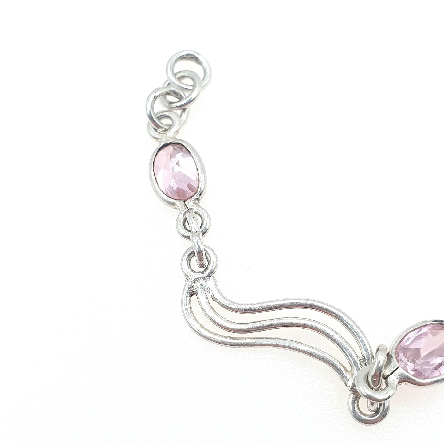 Vintage Sterling Silver Pink CZ Bracelet Wave Link Modernist Oval Cut Womens Retro Jewelry Jewellery