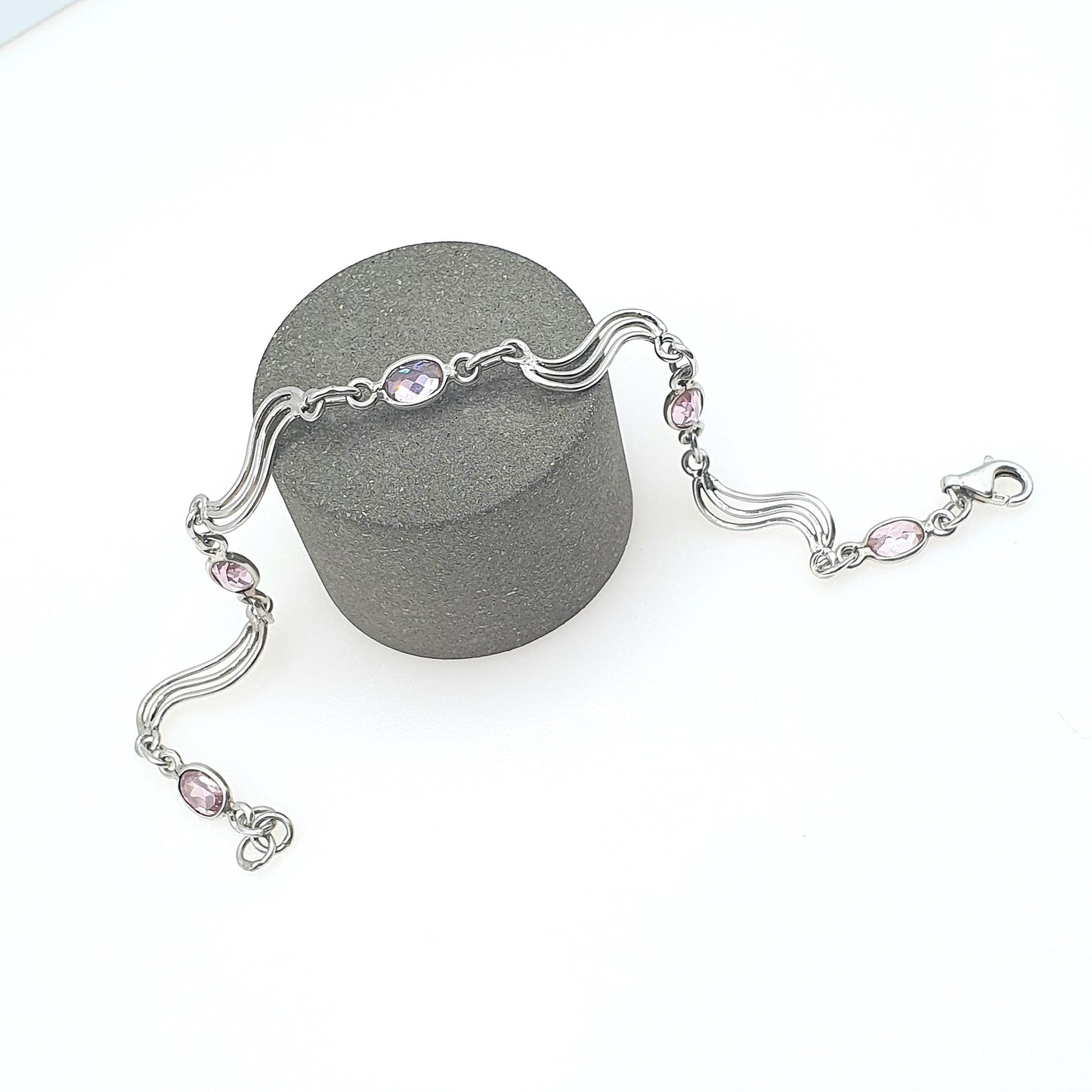 Vintage Sterling Silver Pink CZ Bracelet Wave Link Modernist Oval Cut Womens Retro Jewelry Jewellery