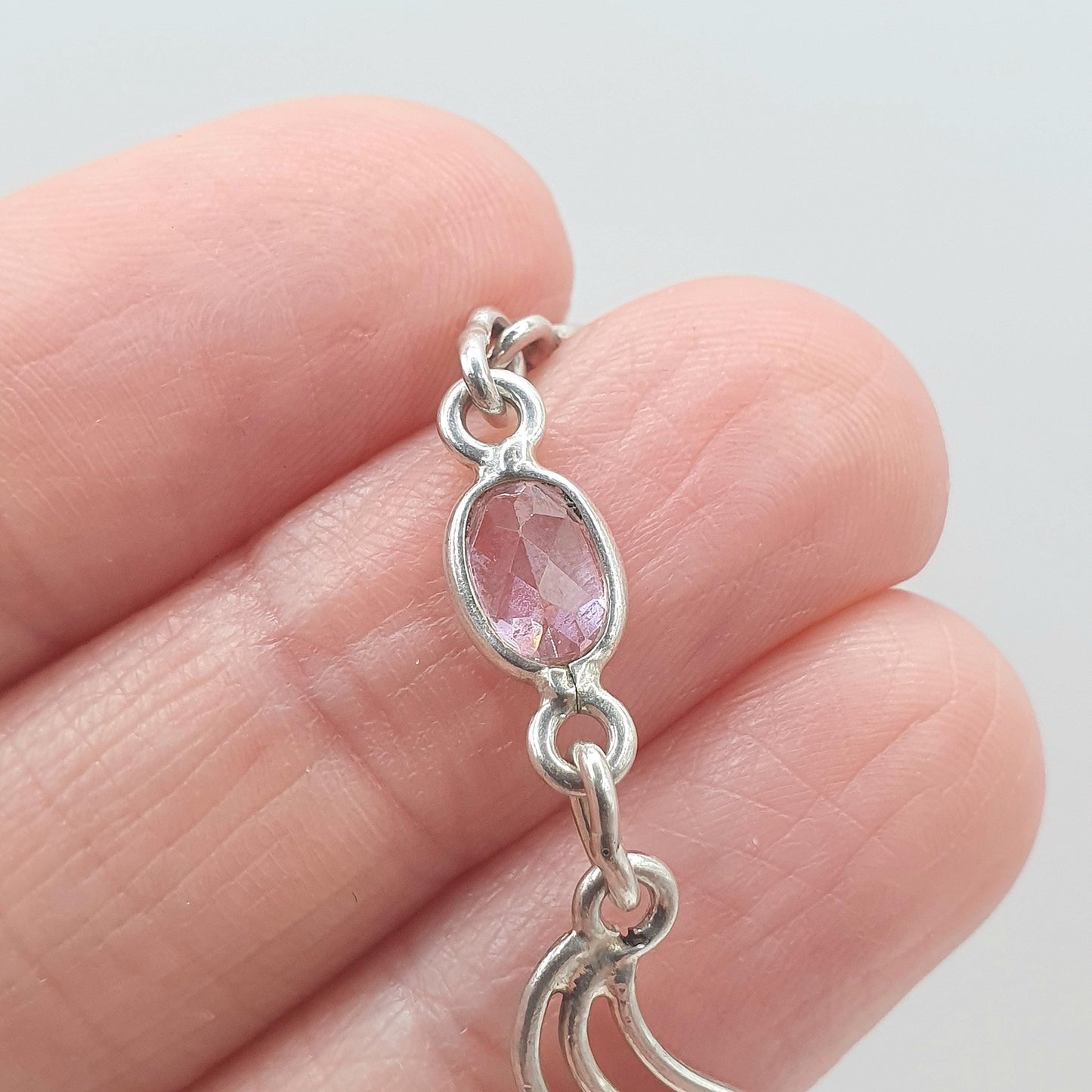 Vintage Sterling Silver Pink CZ Bracelet Wave Link Modernist Oval Cut Womens Retro Jewelry Jewellery