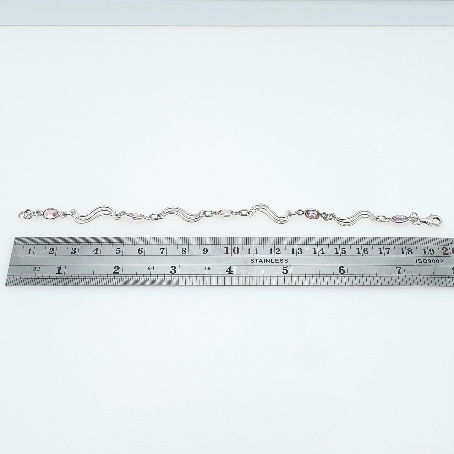 Vintage Sterling Silver Pink CZ Bracelet Wave Link Modernist Oval Cut Womens Retro Jewelry Jewellery
