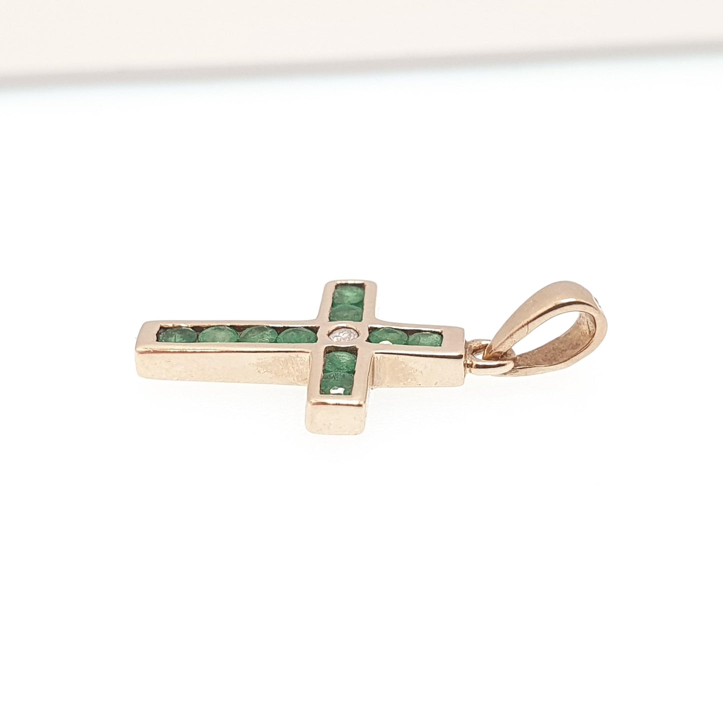 Vintage 9ct Gold Emerald & Diamond Pendant Cross Necklace Crucifix Solid 9kt 9k Genuine Gemstone Jewelry Jewellery