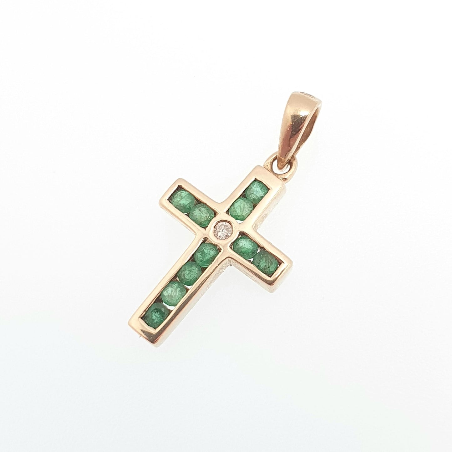 Vintage 9ct Gold Emerald & Diamond Pendant Cross Necklace Crucifix Solid 9kt 9k Genuine Gemstone Jewelry Jewellery