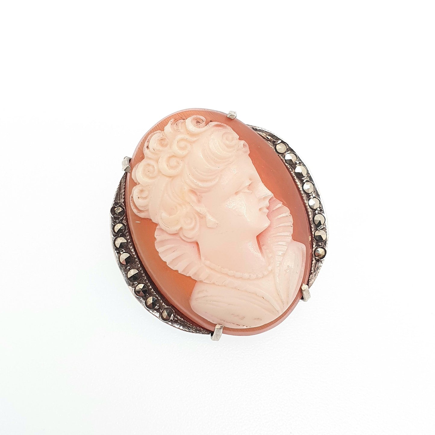 Antique Solid Silver Cameo Necklace Pendant Brooch Lady with Collar Marcasite Art Deco Shell Hand Carved