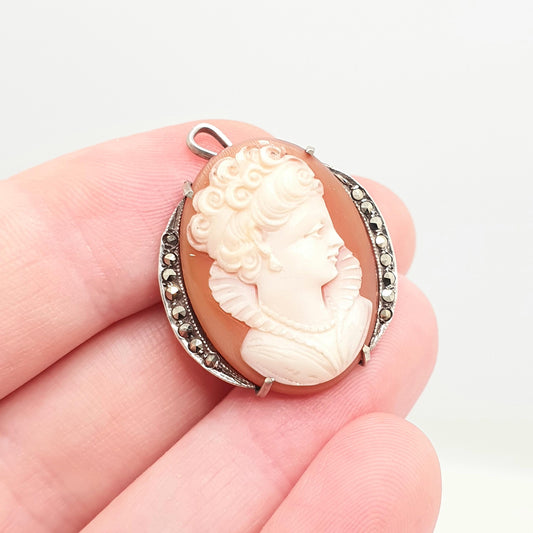 Antique Solid Silver Cameo Necklace Pendant Brooch Lady with Collar Marcasite Art Deco Shell Hand Carved