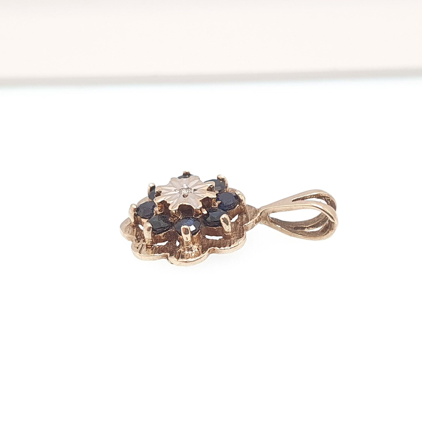 Vintage 9k 9ct Gold Sapphire & Diamond Necklace Cluster Pendant Halo Solid 375 Yellow Womens Jewelry Retro Jewellery